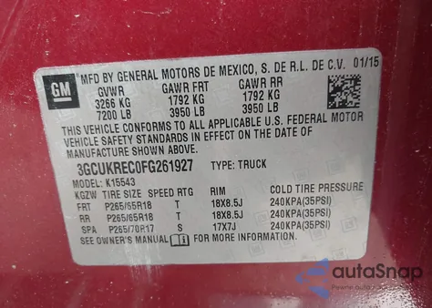 2015 Chevrolet Silverado K1500 Lt из США, поврежденный, VIN 3GCUKREC0FG261927